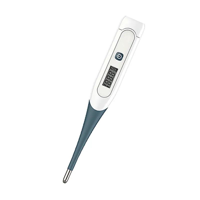 Finicare digital thermometer with white body and blue tip on a white background